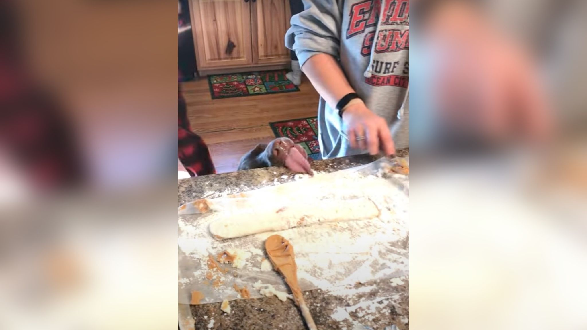 Собака пытается стянуть со стола языком хоть муку Собака пытается стянуть со стола языком хоть муку